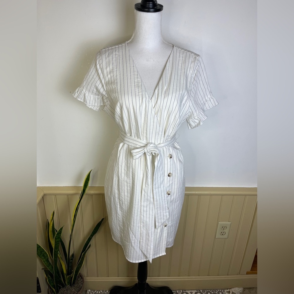 L’Academie Los Angeles Striped Belted Wrap Dress White Pinstripe XL Preppy Layer